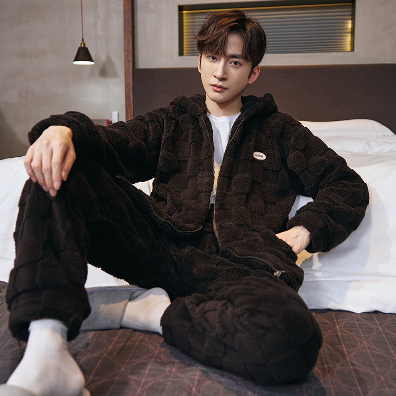 Pijamas Otoño e Invierno de los hombres de lana de coral forrado de lana gruesa caliente con capucha franela suelta más tamaño homewear traje