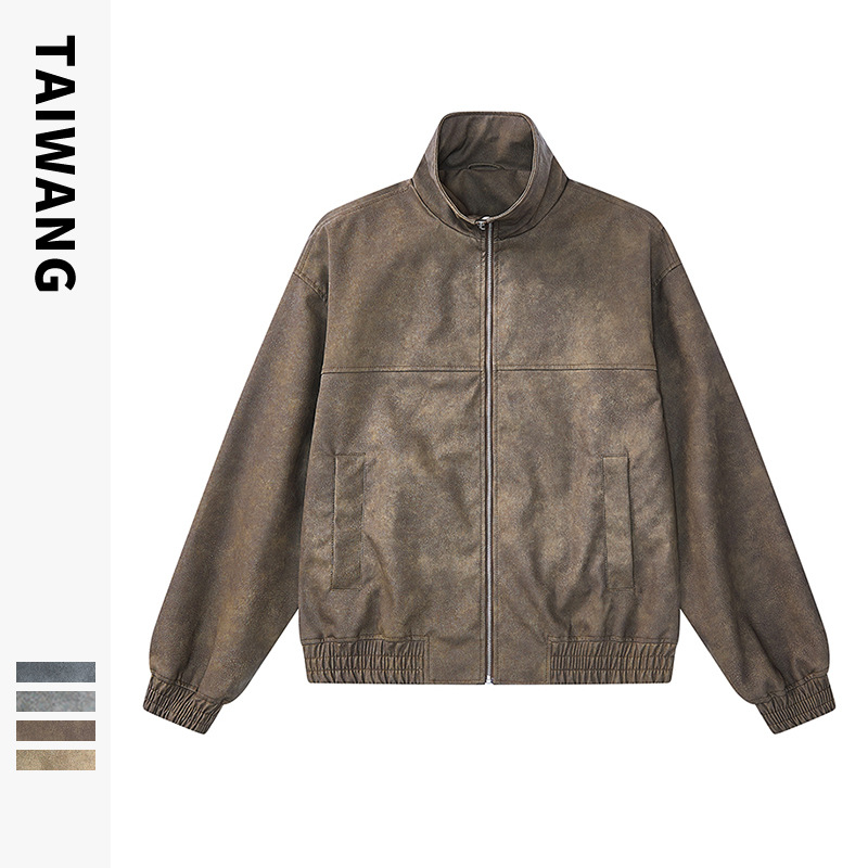 Herrenbekleidung Herrenbekleidung 2024 Retro-Stehkragen-PU-Lederjacke Herren Herbst und Winter neue lockere Motorradjacke_voghion.com