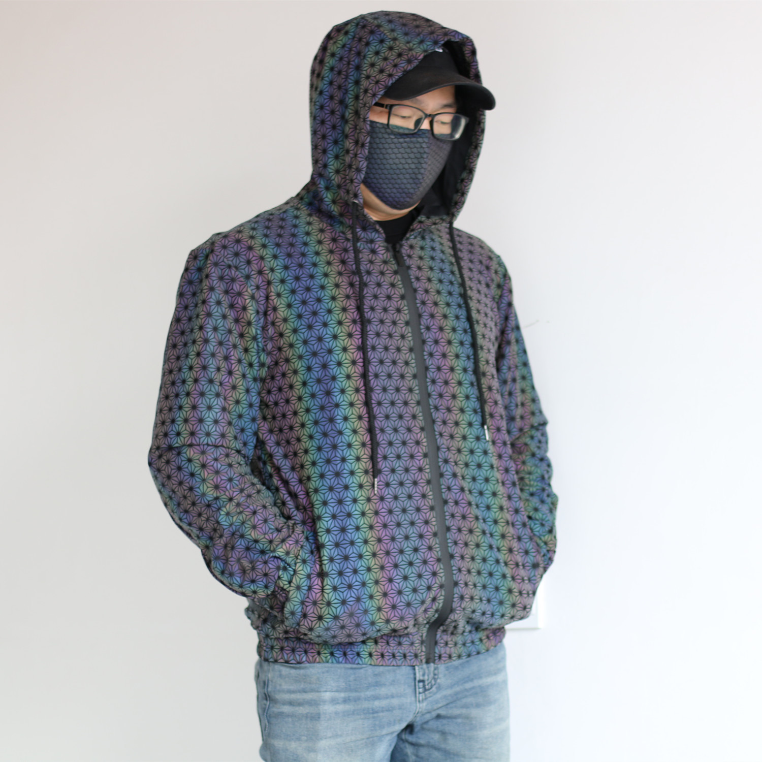 Men's Clothing new geometric pattern colorful reflective jacket men knitted breathable rainbow color luminous jacket men's clothing_voghion.com