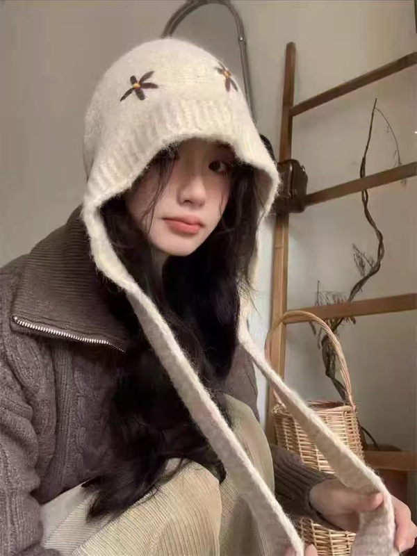 复古小花红色巴拉克拉法帽女冬季针织毛线帽保暖显脸小护耳帽子|undefined
