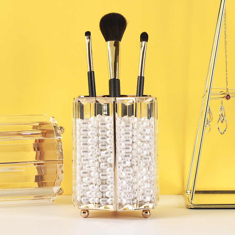 创意化妆刷桶北欧金色玻璃花瓶眉笔美妆筒几何形笔筒多功能收纳盒