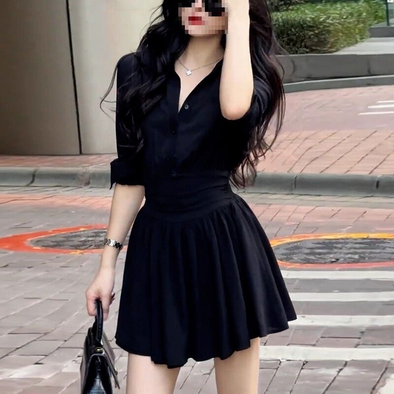 French-Style Long-Sleeved Black Dress, New Spring Style for Petite Women, Simple and Elegant Short Dress for Trendy Women French-Style Long-Sleeved Black Dress, New Spring Style for Petite Women, Simple and Elegant Short Dress for Trendy Women