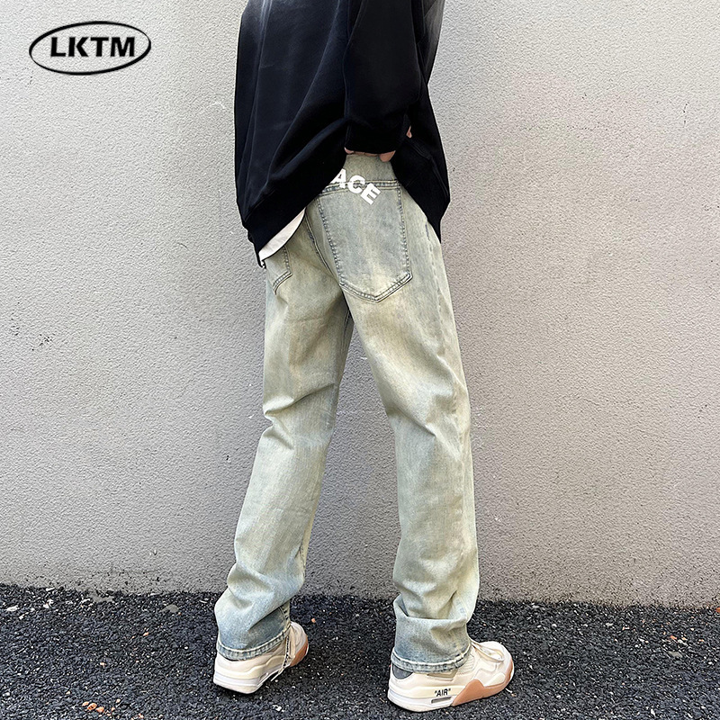 Lktm ropa de hombre # amarillo barro teñido apenado lavado impreso jeans hombres Vibe High Street Europa y América marca moda Pantalones rectos