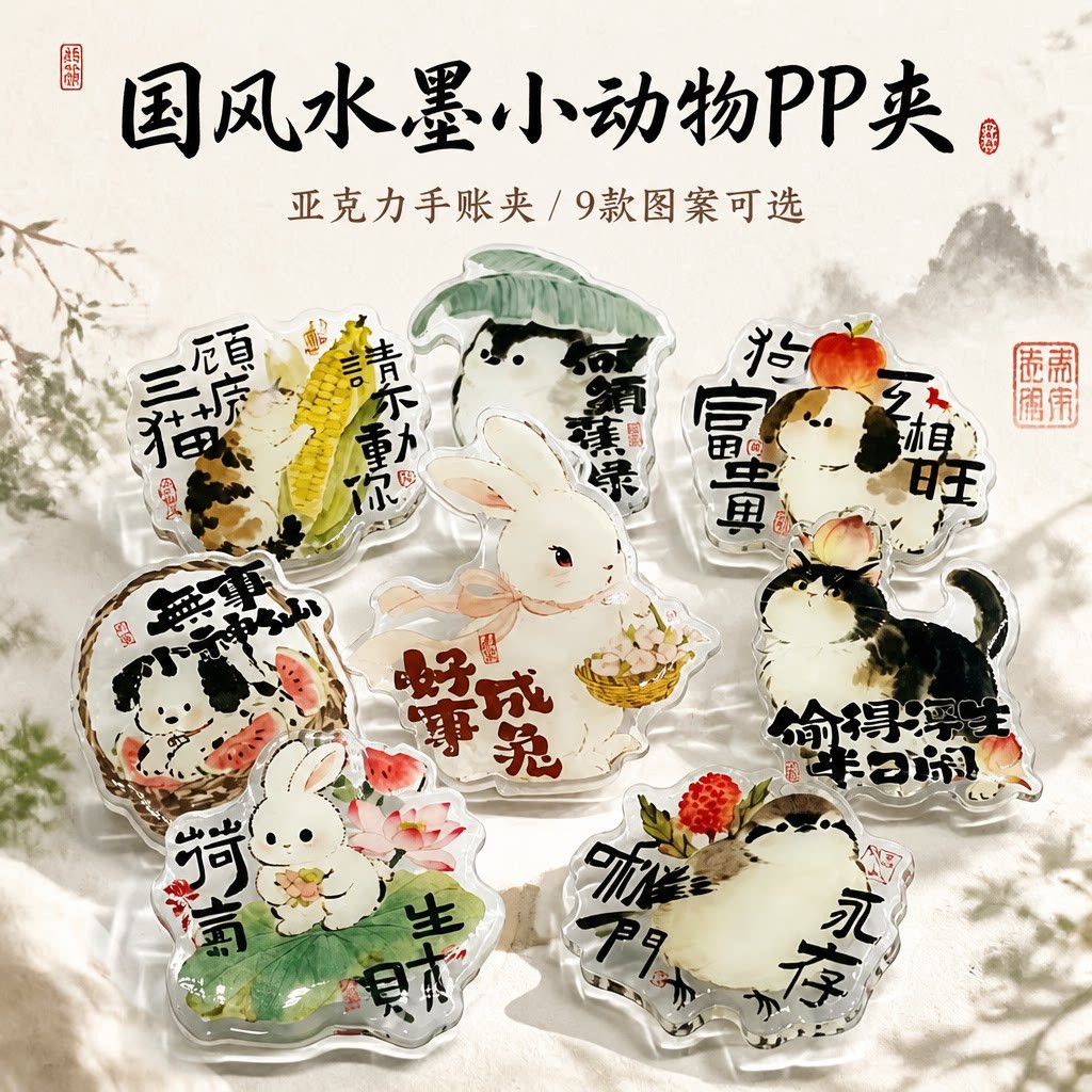 国风水墨小动物亚克力PP夹 卡通可爱手账装饰夹子文具文创长尾夹