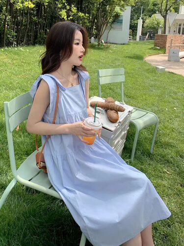 Chic design bow suspender dress for women's summer 2024 new Korean style loose salt-sweet dress
