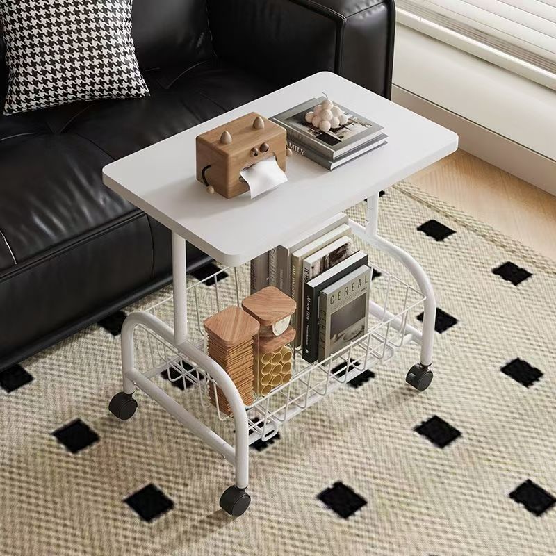Living Room Movable Small Coffee Table with Wheeled Storage Rack Household Side Table Antique Style Simple Tea Table Desktop Storage Rack