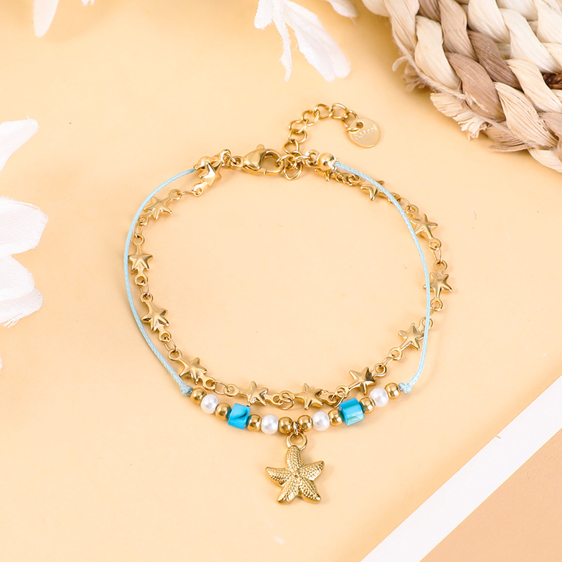 Women's Gender Retro Classic Style Starfish 304 Stainless Steel Rope Cord String Bracelets In Bulk