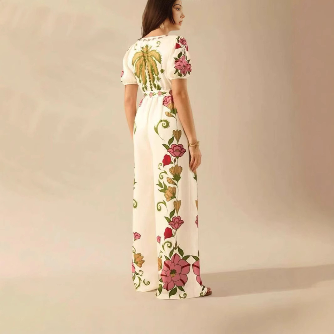 Macacão feminino de verão com decote em V profundo, estampa moderna e calças de pernas largas em estilo europeu e americano, roupa sexy._voghion.com