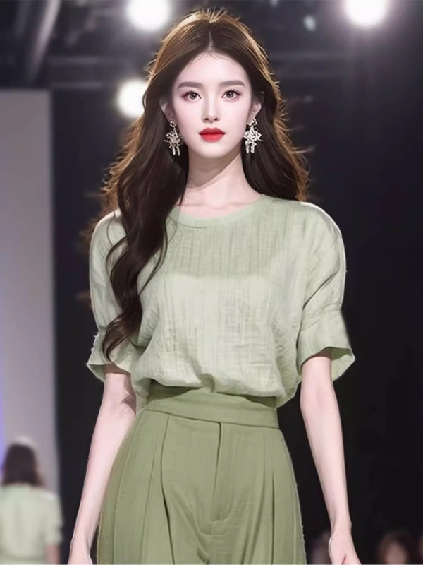2025年夏服、緑の半袖シャツとワイドパンツのセット、今年人気の女性用ファッションスーツ|undefined