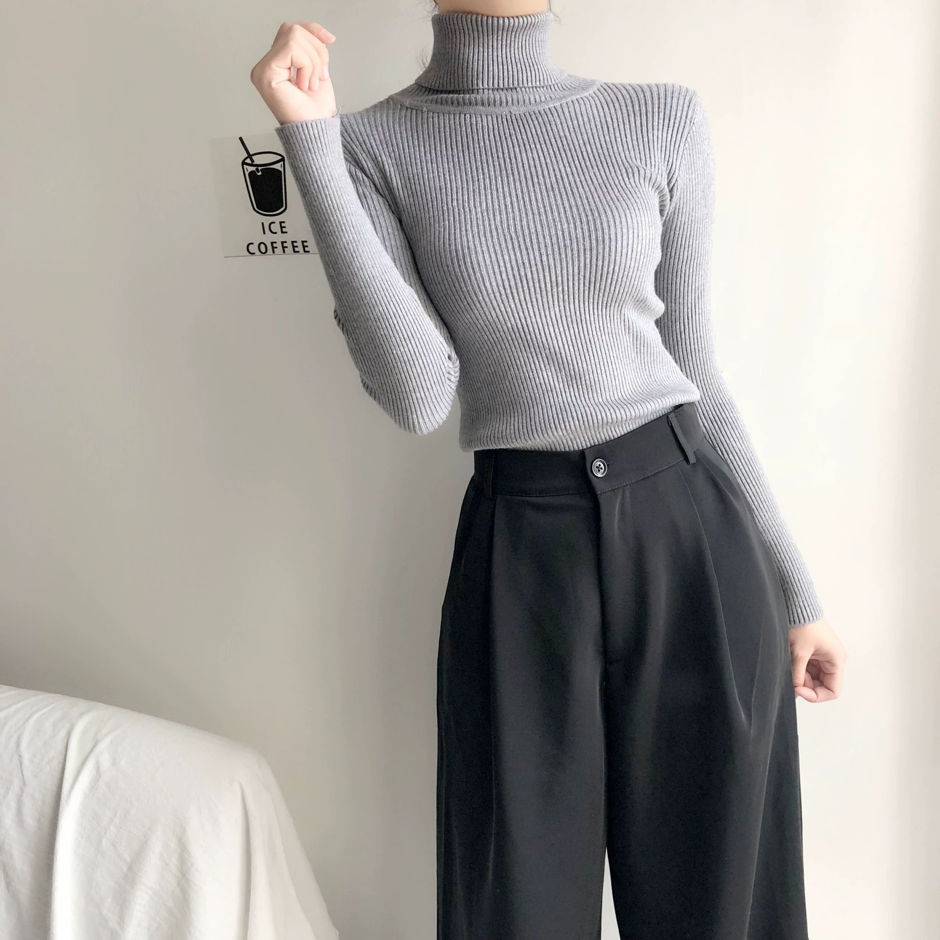 knitted fitted sweater, turtleneck, midweight slim fit