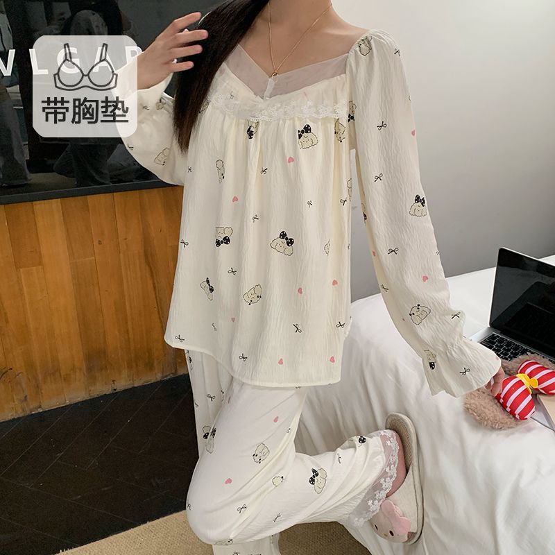 Al por mayor transfronterizo otoño nuevo algodón nubes cinturón cojín de pecho pijama de mujer dulce princesa manga larga set de ropa para el hogar
