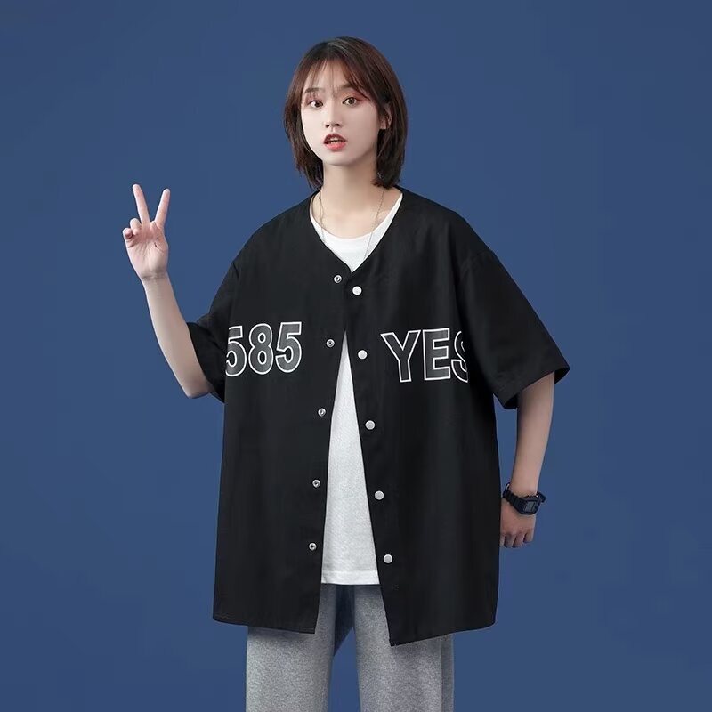 New Summer Women's Sports Loose Baseball Shirt Letter Embroidered Printing Short-sleeved Collar Single-breasted Casual Shirt
