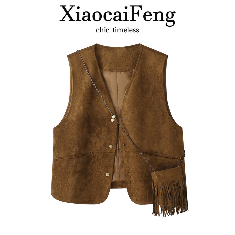 Vintage Melard Suede V-neck Vest Jacket for Women, Spring and Autumn Sleeveless Layered Versatile Trendy Vest Vintage Melard Suede V-neck Vest Jacket for Women, Spring and Autumn Sleeveless Layered Versatile Trendy Vest