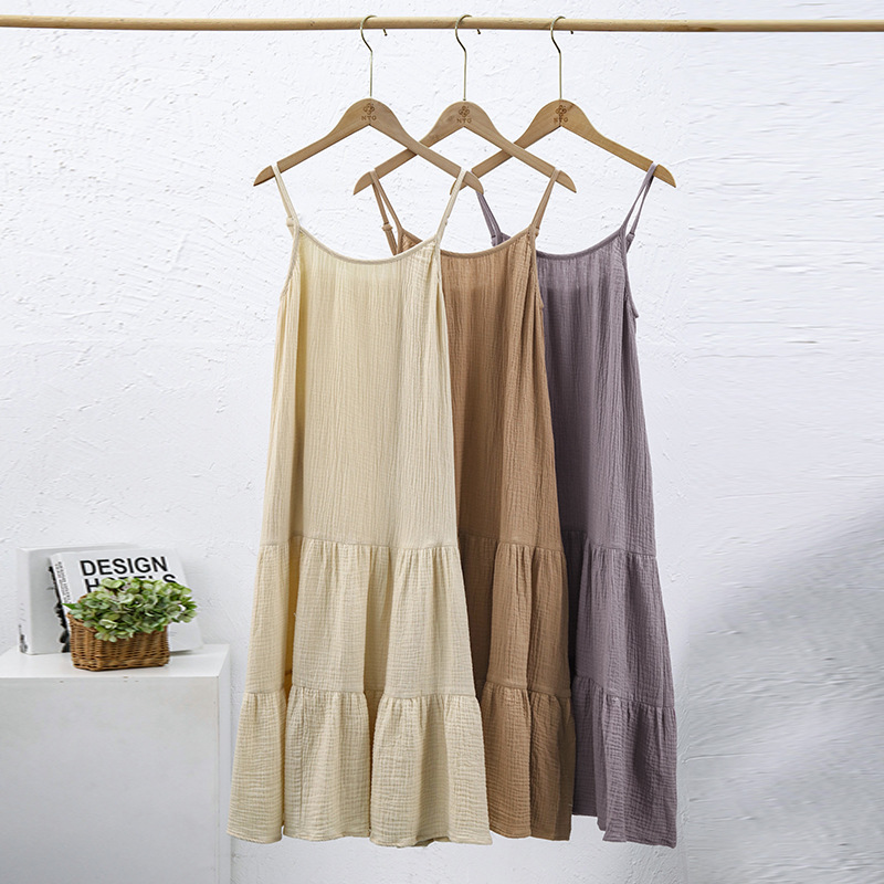 Crepe Cotton Suspender Dress Women Spring Summer Solid Color Sleeveless Midi Dress Holiday Casual Dress