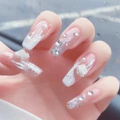 Lavish Minimalist White Camellia Flower Fashion Nail Art Ballet Nail Long Artificial Nail Sticker Handmade Nail Art Nail Sheet Set