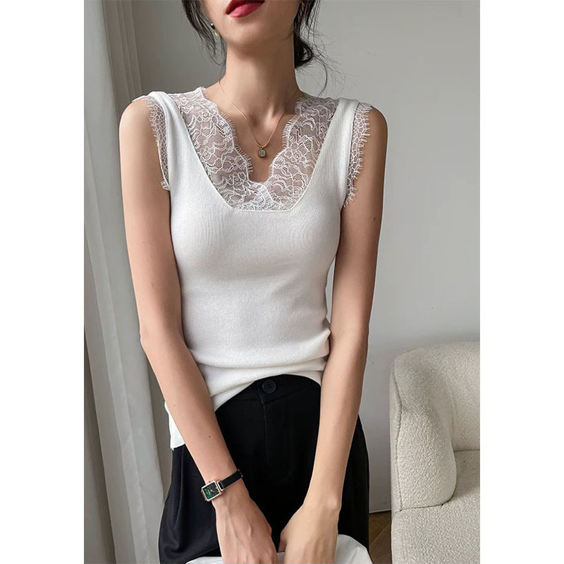 2025 New Summer Style V Neck Lace Camisole Women's Outer Wear Cut Out Beautiful Back Knitted Inner Sleeveless Top