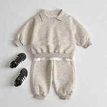 2025春秋新款中小童纯棉运动套装男女宝宝翻领纯色潮搭卫衣两件套