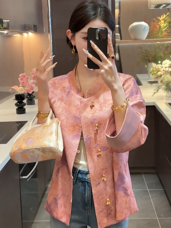 新中式国风立领外套女气质盘扣 提花长袖宽松唐装短款百搭上衣|undefined