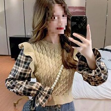 长袖拼接假两件上衣女年春秋新款韩版修身显瘦荷叶边针织小衫