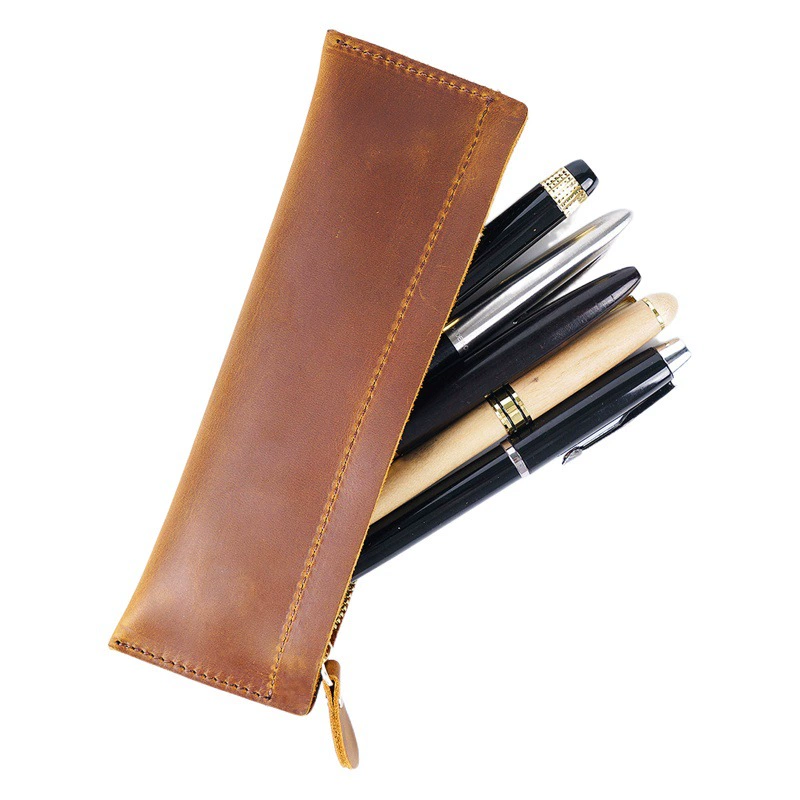 Винтажный пенал из натуральной кожи, кошелек для монет из кожи Crazy Horse первого слоя, сумка для хранения канцелярских принадлежностей для студентов, кожаное изделие, европейский и американский студенческий стиль.