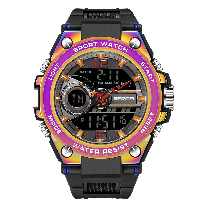 SANDA 6092 colorido reloj deportivo de los hombres multi-funcional colorido creativo doble pantalla electrónica reloj impermeable
