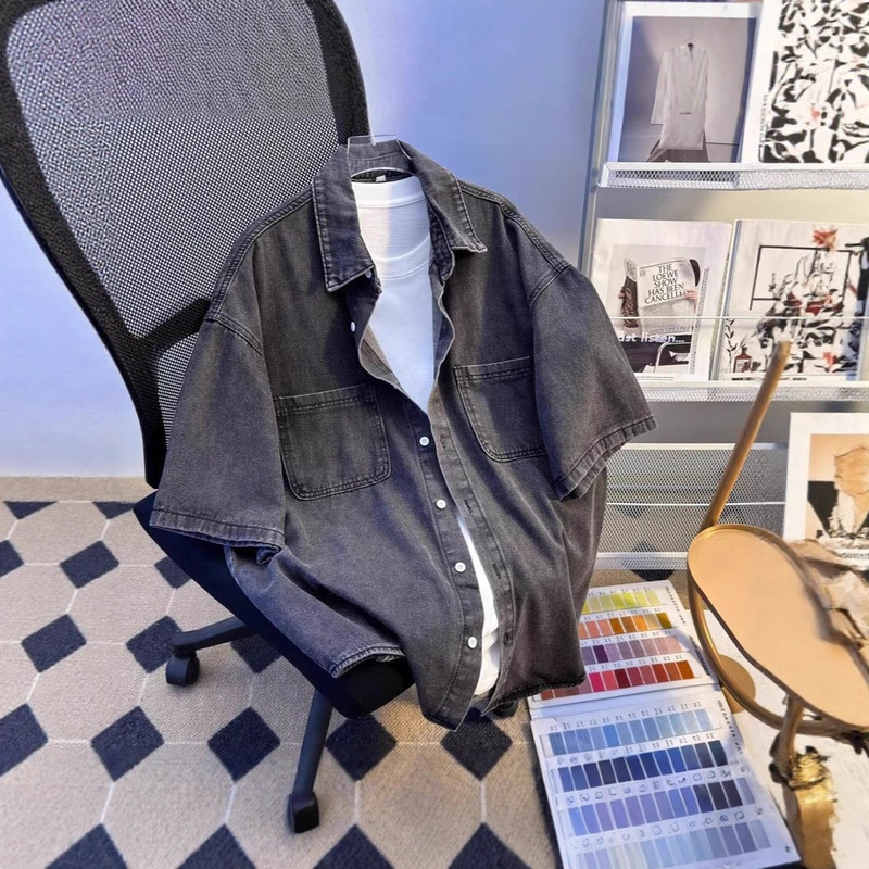 Summer Short-Sleeved Denim Shirt for Men Ins Trendy Brand Hong Kong Style Japanese Style 2023 Korean Style Casual Loose Half-Sleeved Jacket