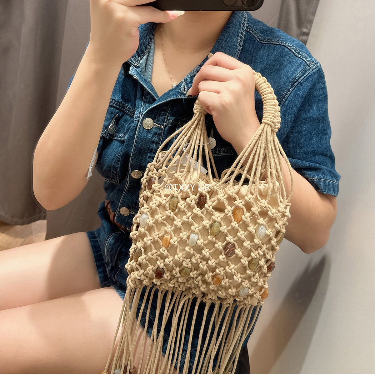 Túi xách tay nữ tua rua đính cườm lưới dệt phong cách thời trang — màu kaki chi tiết 10