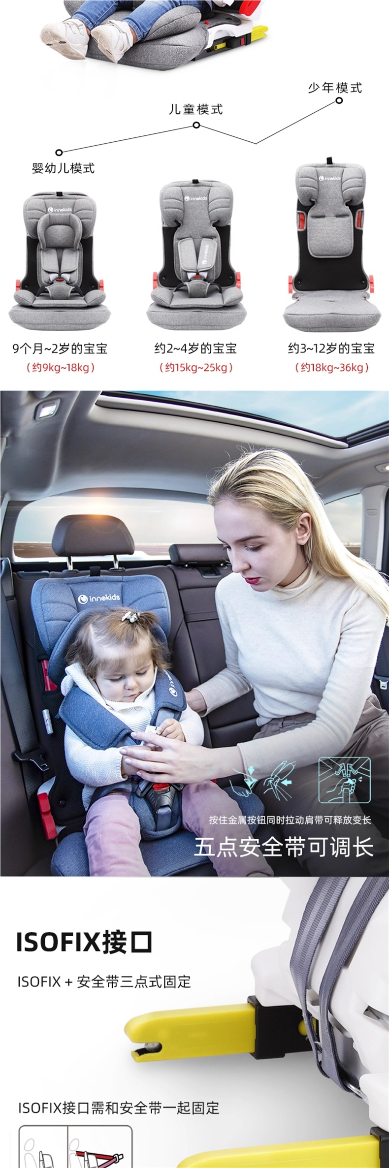 Innokids Car Kids Safety Seat 9 Months to 12 Years Old Baby Car Seat Simple and Portable