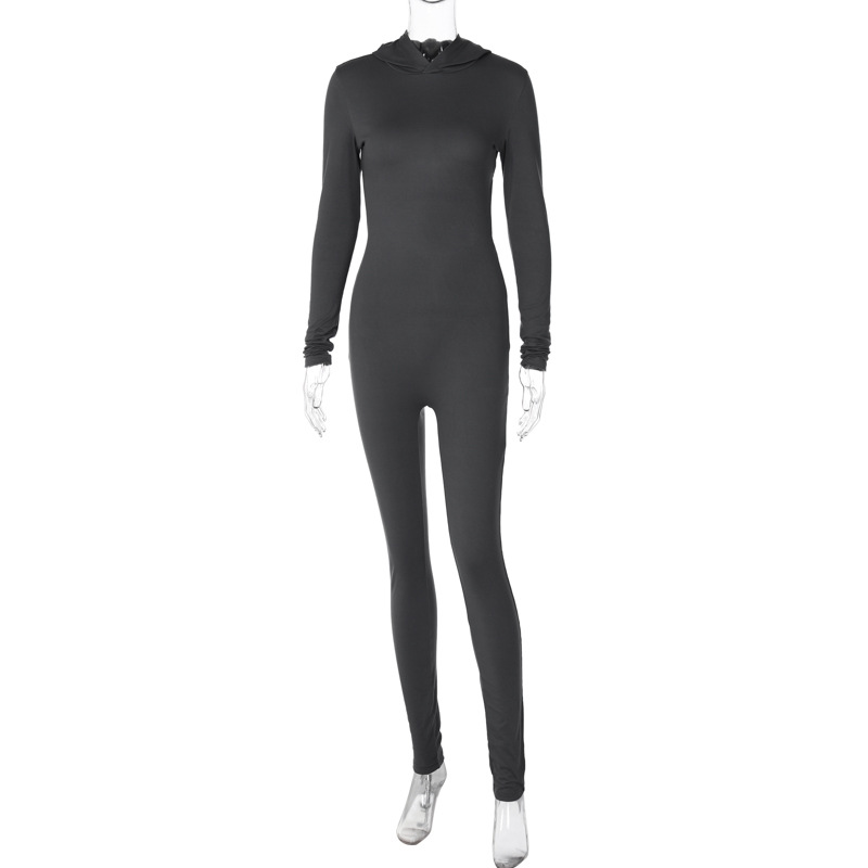 Women Clothing Winter Solid Color Long Sleeve Hooded Backless Slim Fit Sports Jumpsuit Women