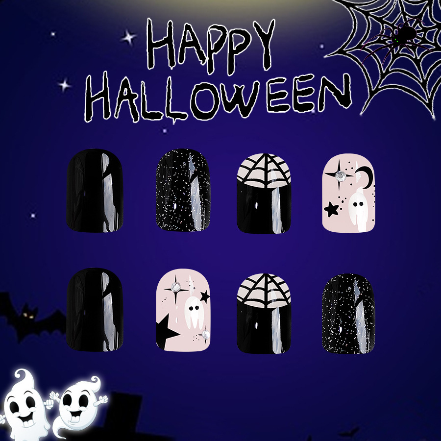 Adesivo per manicure con trapano a forma di ragno fantasma di Halloween, quadrato corto e luminoso, regalo di personalità speciale, adatto per le donne, 24 pezzi_voghion.com