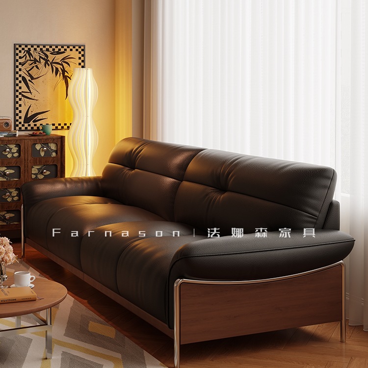 Vintage-Style Bauhaus Genuine Leather Sofa, Oil-Waxed Leather, Small Apartment, Retro Italian Minimalist Simple Black Straight-Row Home Use