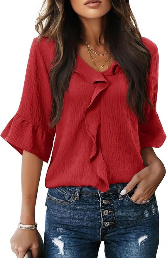 Women's V-neck Ruffle Blouse Flutter Sleeves Flowy Cold Silk Top_voghion.com