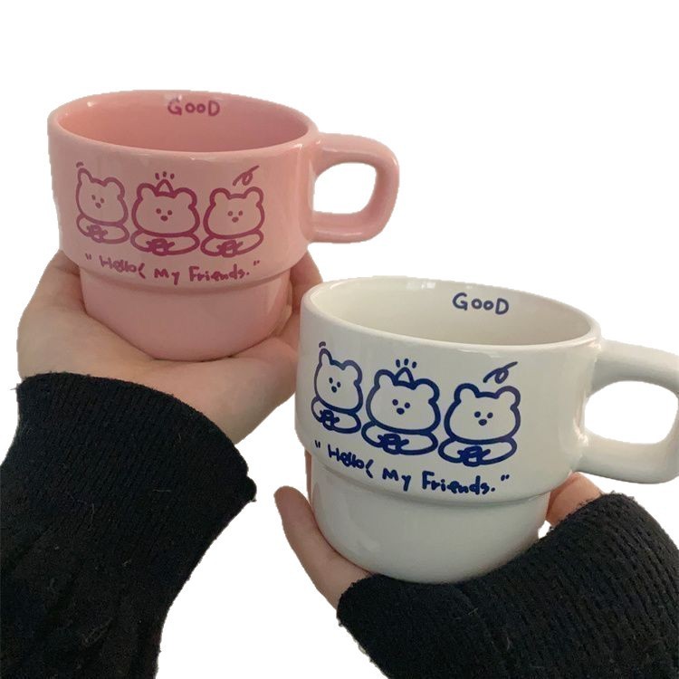 新款粉色可爱三只小熊叠叠杯耐高温陶瓷杯子咖啡杯情侣闺蜜水杯无|undefined