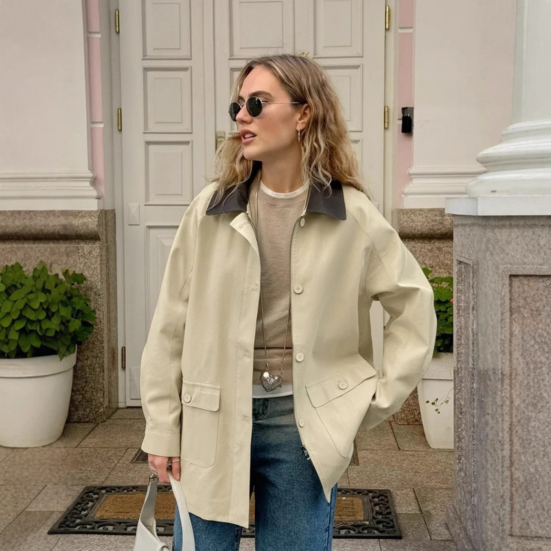 European and American Foreign Trade Independent Station Amazon Cross-Border Women's Casual Contrast Color Collar Pocket Jacket