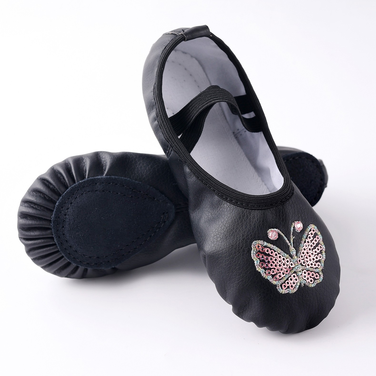 New children's dance shoes, ballet shoes, practice shoes, leather embroidered butterfly and cat paw design, yoga shoes