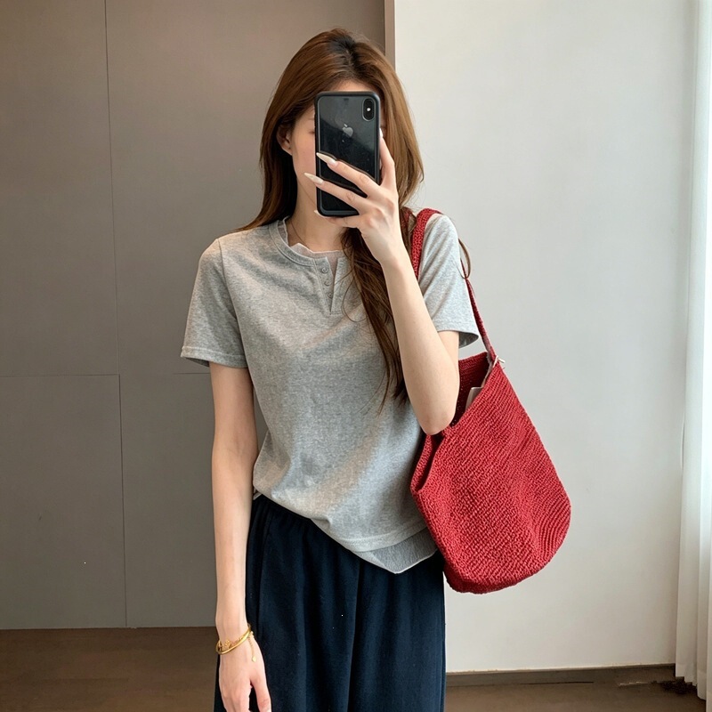 Solid Color Design with Mesh Splicing, Slim Fit, Flattering and Flattering for the Figure, Scoop Neck, Short Sleeves, Drop Shoulder T-Shirt, Summer 2026