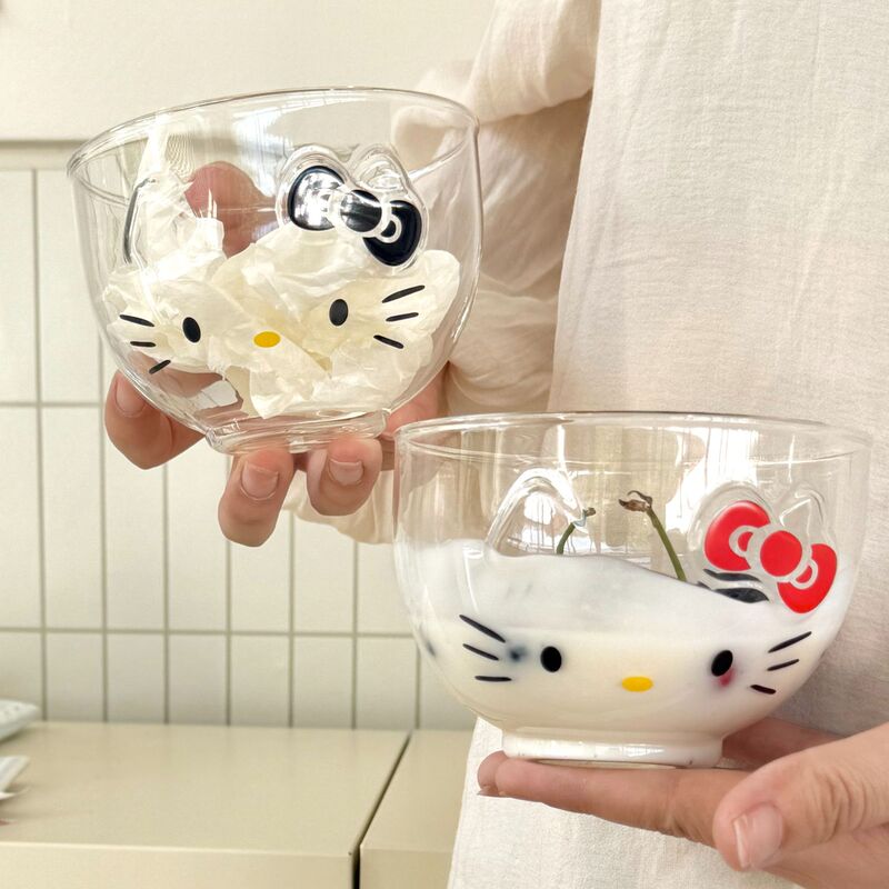 Single-Layer Cartoon Cat Glass Bowl, New Cute Bowl and Chopsticks Set, Girly Salad Bowl, Milk and Smoothie Bowl, High Aesthetic Value