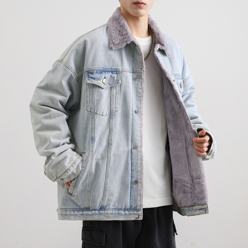 Velvet Thickeneded Rabbit Fur Denim Jacket for Men in Autum New Style Boys Autumn and Winter Trendy Brand Loose and High-end Jacket