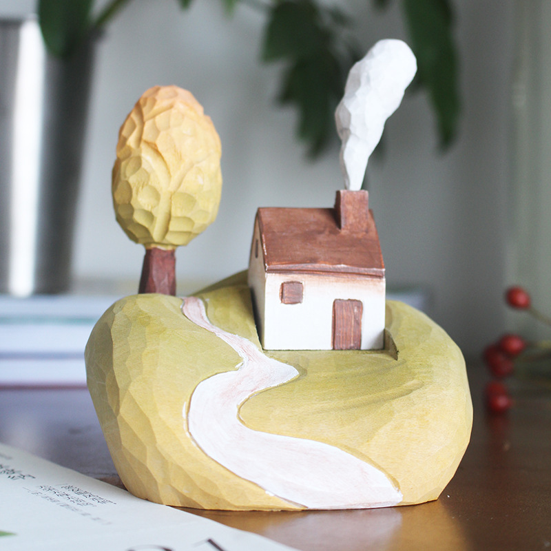 Qingmufan Handmade Wood Art Pastoral Cottage Ornaments to Decorate Life Desktop Decoration Window Landscaping Ornaments Gifts