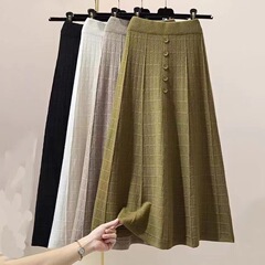 秋冬の女性用ブレストチェック柄ニットスカート、新しいハイウエスト痩身Aラインアンブレラスカート、ミドル丈のロングスカート