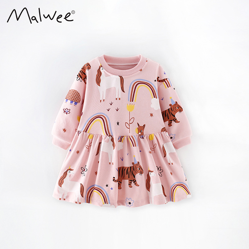 Malwee vestido de niñas nuevo otoño europeo y americano niño de cuello redondo de mangas largas vestido de niña
