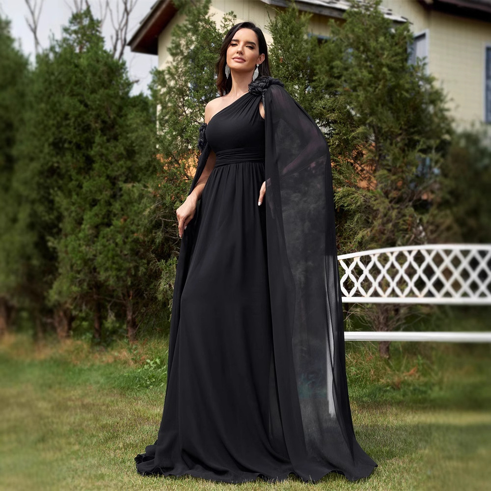 Women's Clothing Elegant Chiffon Sash A-Line Evening Dress Flowy Formal Gown For Banquet, Bridesmaid, Party (Deep Blue, Deep Red, Black, Red)_voghion.com