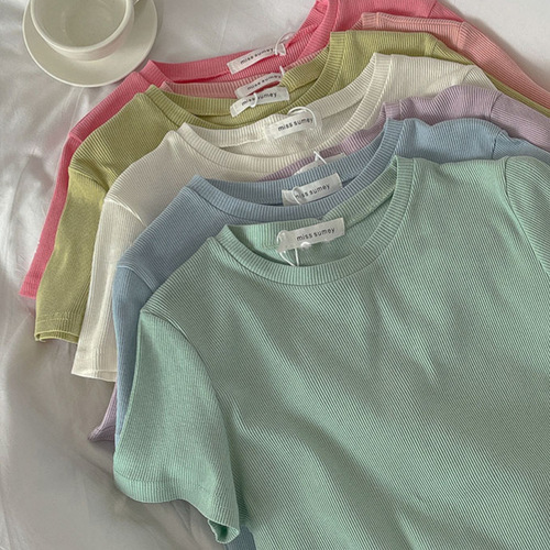 Women's Summer New Indie Casual Matchable Crew Neck Ribbed Short Sleeve T-Shirt Wholesale