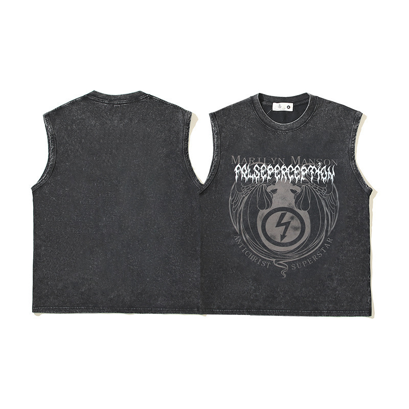 European and American STreeT STyle vinTage Rock Band Washed Old SanskriT PrinT Sleeveless T-shirT Men's WaisTouTwear SweaT VesT
