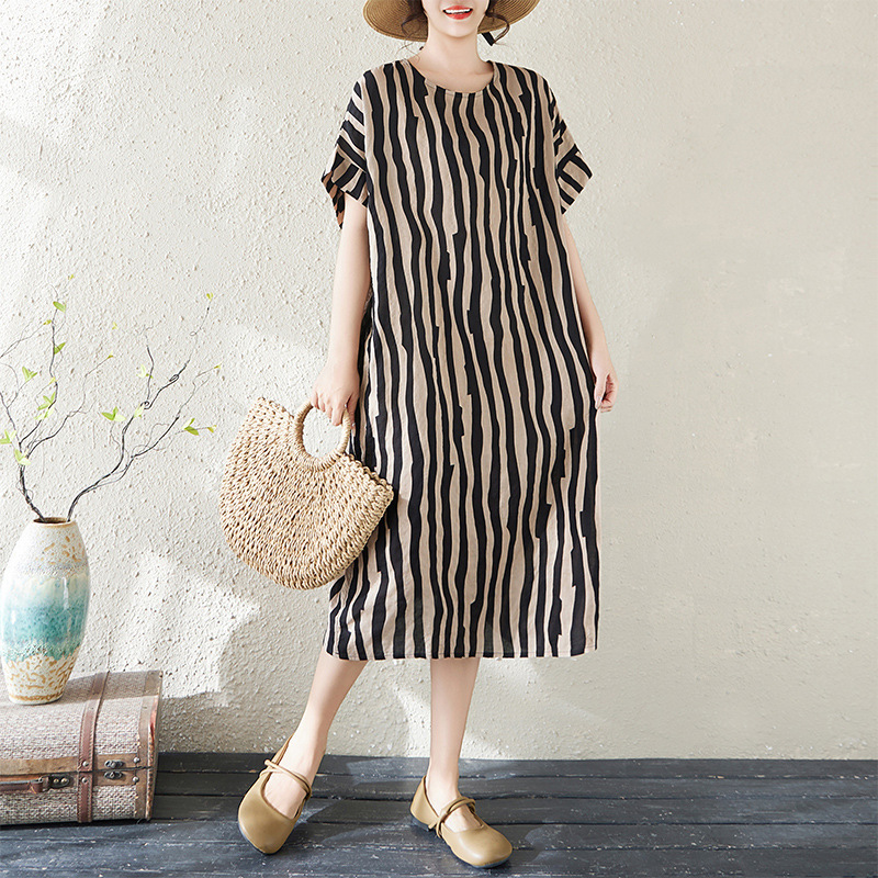 Plus-Size Loose-Fitting Summer Lightweight Cotton-Linen Printed Short-Sleeve Dress for Women, Elegant Mid-Length Slimming A-Line Dress Plus-Size Loose-Fitting Summer Lightweight Cotton-Linen Printed Short-Sleeve Dress for Women, Elegant Mid-Length Slimming A-Line Dress