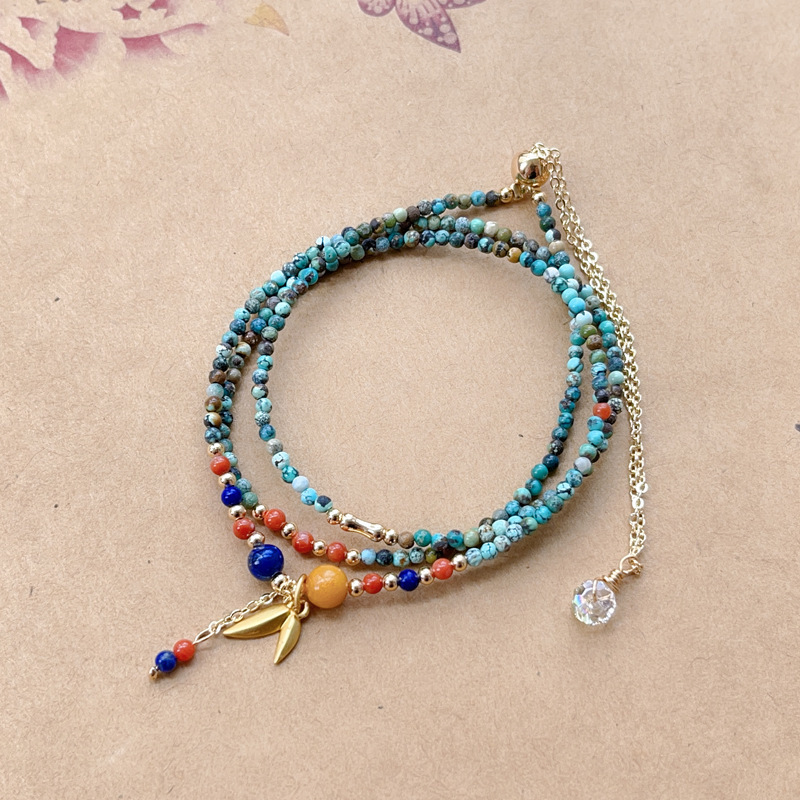 Natural turquoise 2mm fine ball bead chain spot National style millet beads three circles multi-layer bracelet adjustable length