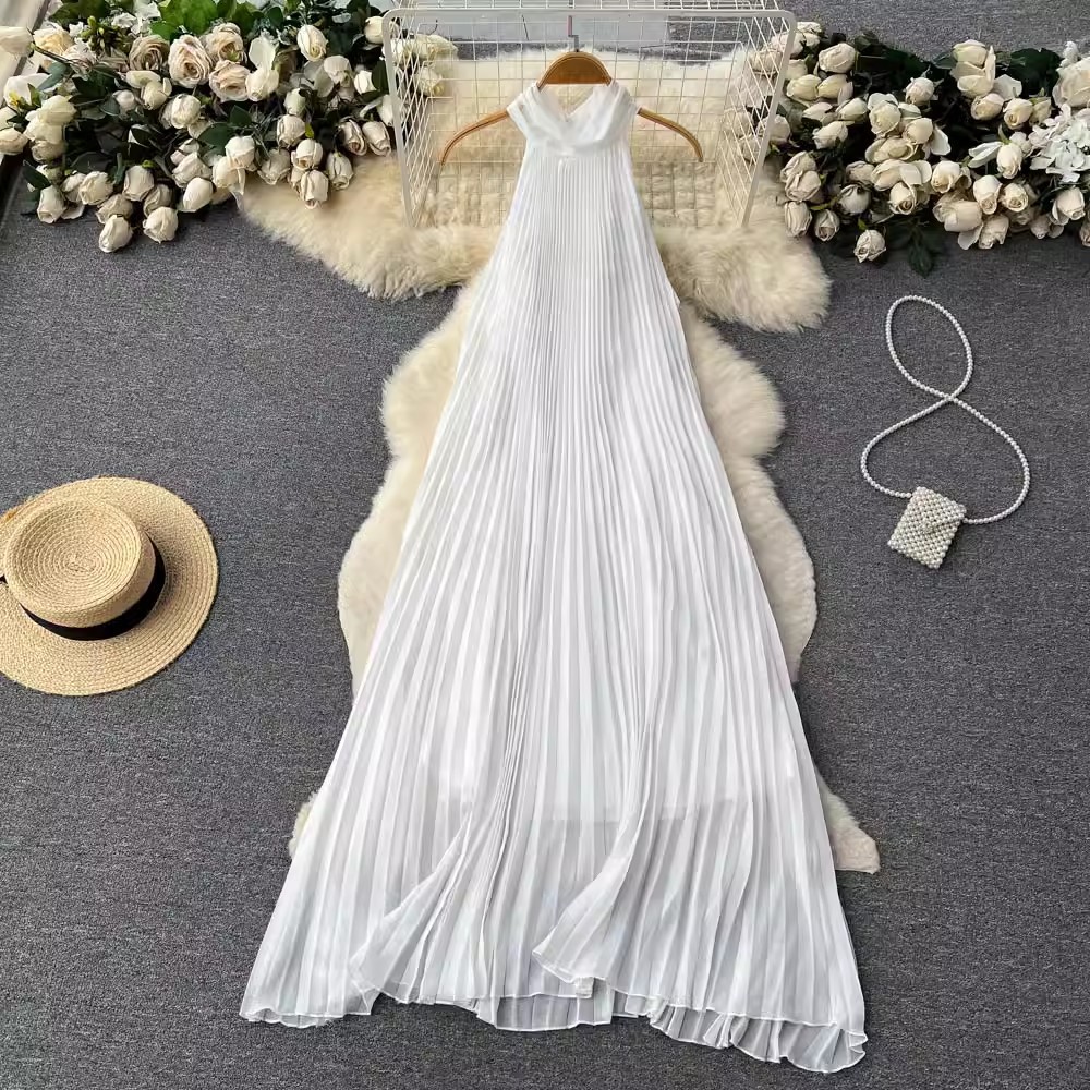 thumbnail for Fairy floating white dress women&#039;s summer pleated halter strap dress Super fairy seaside holiday style beach dress
