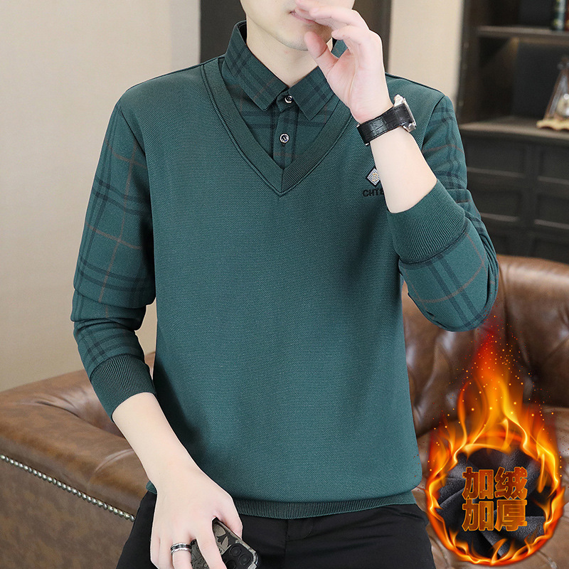 A generation of overseas sweater men's 2024 winter new men's fleece-lined thickened fake two long sleeve shirt-winter 8