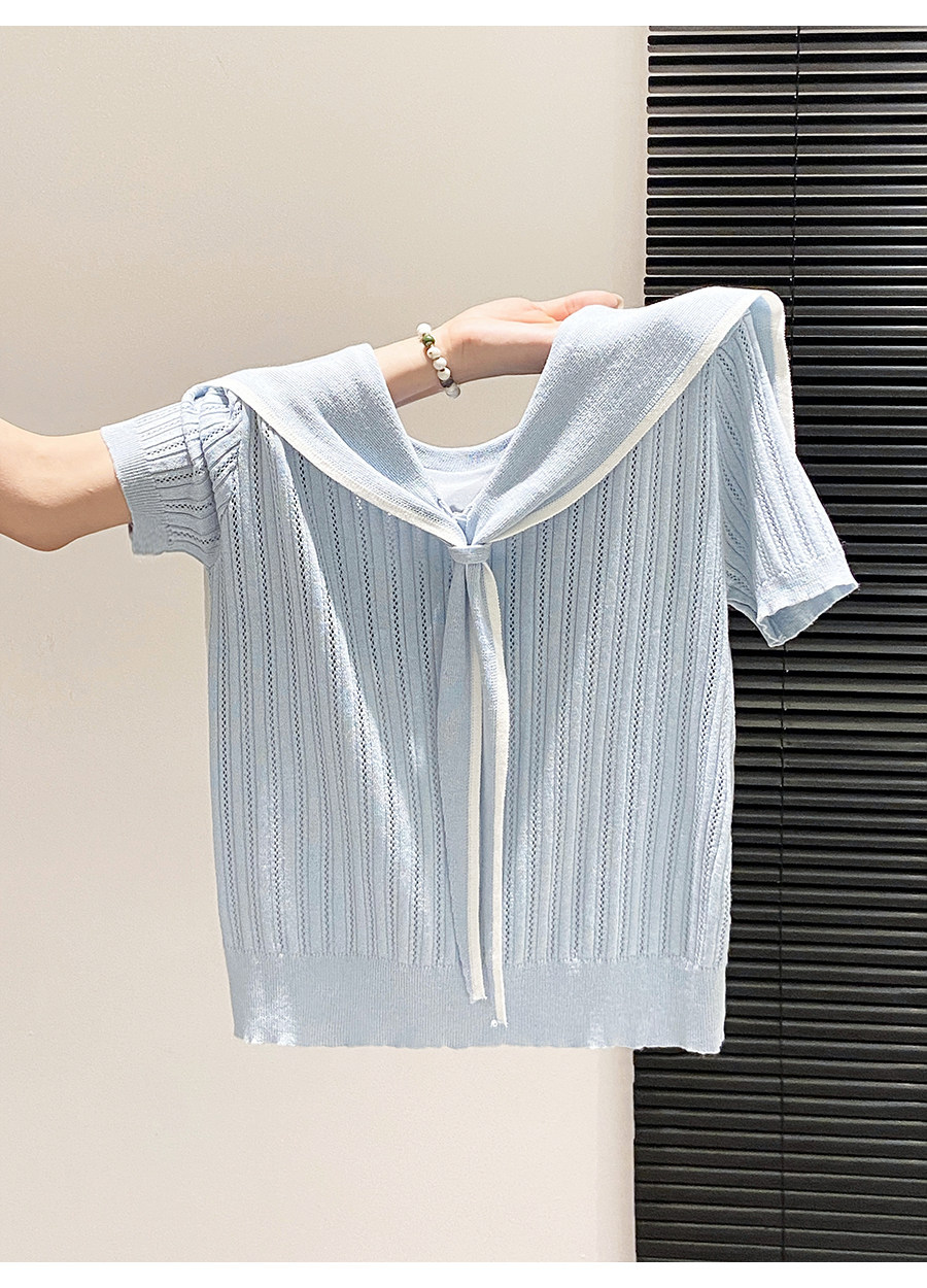 Áo thun nữ cổ tròn tay ngắn phong cách học viện cổ thuyền trưởng dáng rộng — xanh lam chi tiết 7
