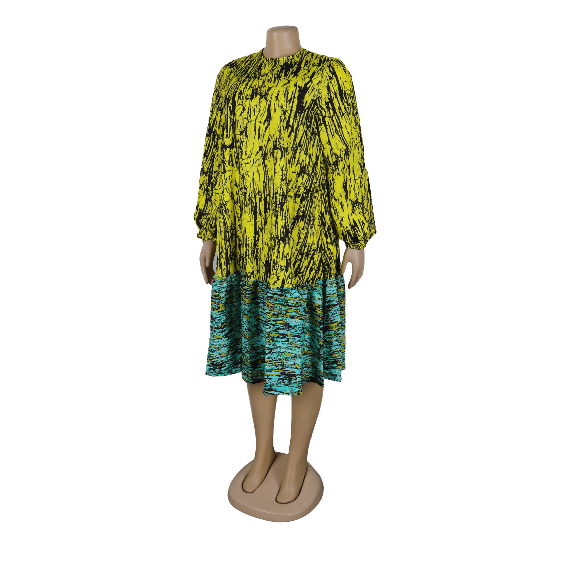 Printed Lace up Lantern Sleeve Loose Large Round Neck Dress